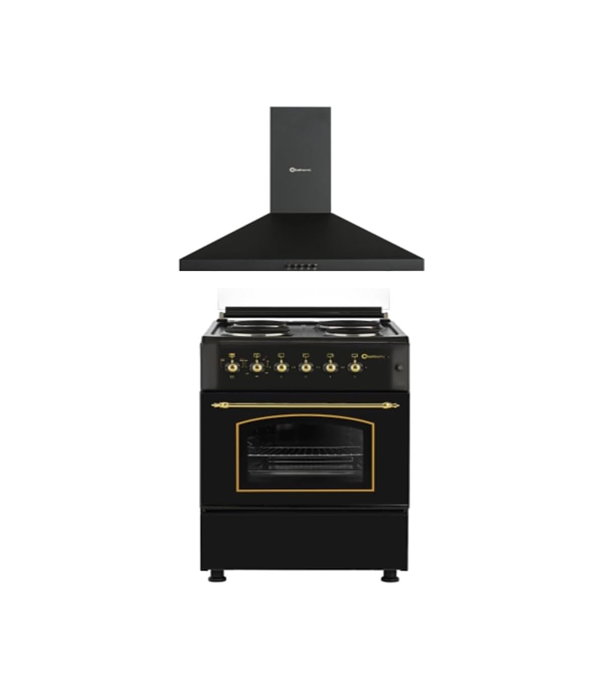 SOLTHERMIC COMBO PACK NEGRO RÚSTICO ACABADO DORADO COCINA ELÉCTRICA CON HORNO 50L + CAMPANA DE 60 NEGRA SIN BARRA DORADA (4 FUEGOS, GRAN CAPACIDAD EXTRACCION, SISTEMA SEGURIDAD)