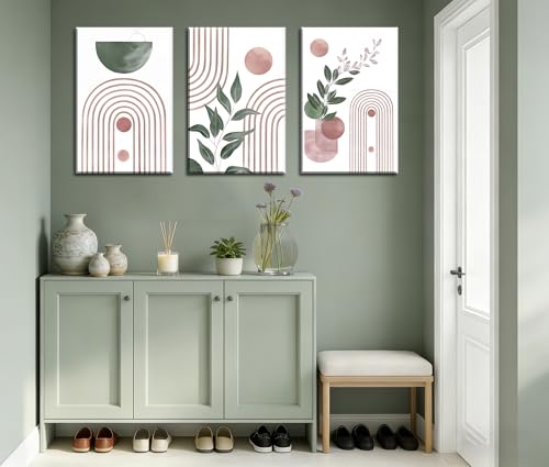 Image of Frimeeme Framed Large Boho Pink and Green Canvas Print Set of 3,16x24 In | Abstract Leaves Geometry, Ready to Hang