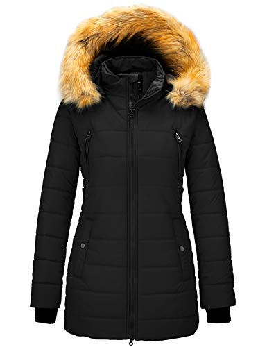 Wantdo Women's Water Resistant Winter Coat Thicken Hooded Puffer Coats Black L