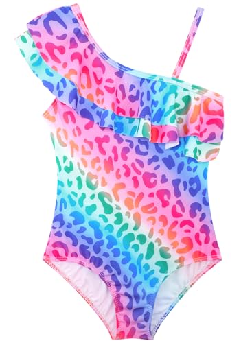 XiaoMoSha Girls One Shoulder Ruffle Vacation Swimwear Floral Bathing Suit Beach Sport Pool Swimsuits for Little Girls RainbowLeopard 130(5-6Y)