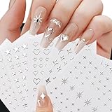 Liquid Metallic Mirror Silver Nail Stickers for Women - 3D Star and Hollow Out Heart Decals - Self-Adhesive Y2k Art Accessories for Nail Supplies