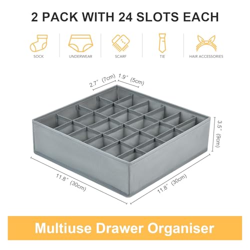 DIMJ 2 Pack Drawer Organisers 24 Cells Sock Organiser Foldable Underwear Drawer Organiser Fabric Drawer Divider Wardrobe Storage Boxes for Socks, Belts, Ties - Image 3