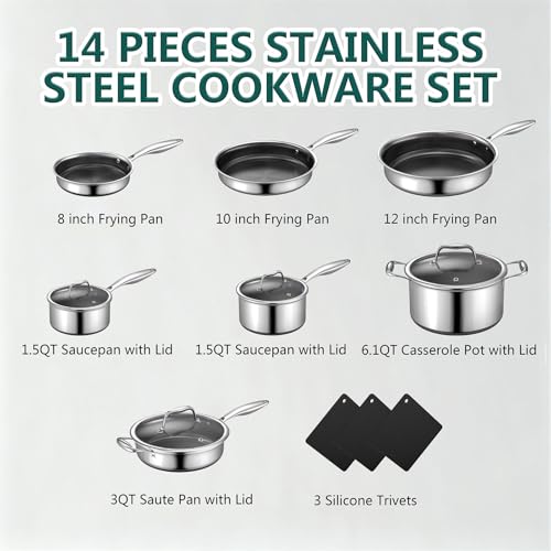 Yoehka 14-Piece Hybrid Stainless Steel Cookware Set, Pots and Pans Set with 3 Silicone Tri - image 2