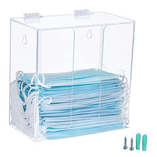 KOEMEHR Dispensador de mascarillas Soporte de caja de acrílico para guantes con tapa, Contenedor de almacenamiento de montaje en encimera/pared para máscaras, guantes, servilleta, transparente