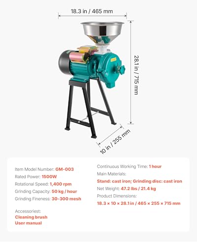 Image of VEVOR Electric Grain Mill Grinder, Commercial Spice Grinders, 1500W Cast Iron Pulverizer Powder Machine with Non-Slip Rubber Feet, for Dry Grains, Spices, Cereals, Coffee, Corn & Pepper