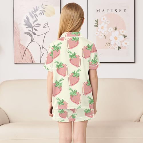 Strawberry Cute Pink Cartoon Pattern Summer Satin Pajama Set, Cute Button-Down Sleepwear Pj Set for Sleep Wears4