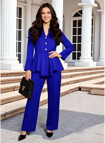 Women Pants Suits 2 Piece Business Long Bell Sleeve Button Peplum Hem Blazer Pants Set4