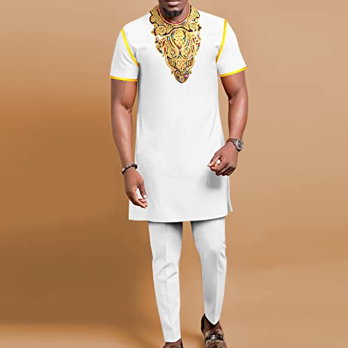 African Suits for Men Embroidery Short Sleeve Shirts and Pants 2 Piece Set Dashiki Kaftan2