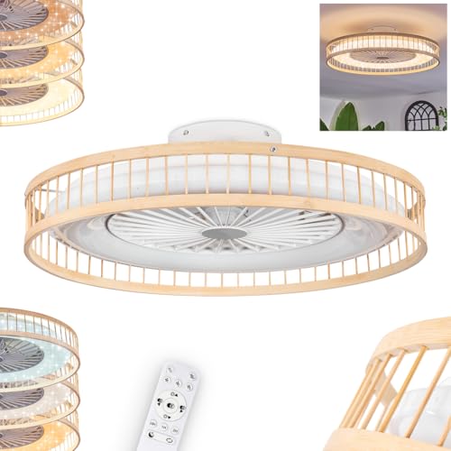Ventilador de techo LED Benasal, ventilador de plástico/madera en blanco/natural/efecto brillante, Boho, Ø 55 cm, mando a distancia, temperatura de color ajustable con CCT, 40 W, 1700 lm, 3000-6500 K