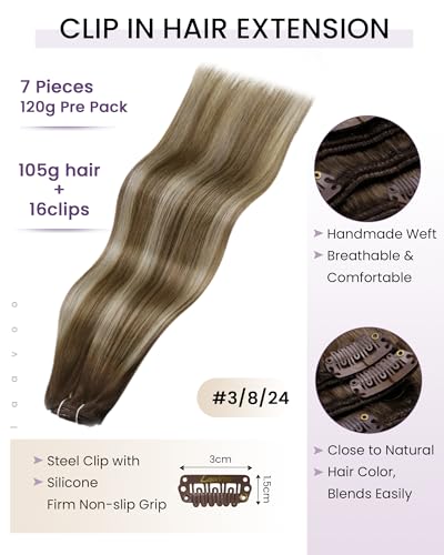 Image of LaaVoo Clip In Hair Extensions Real Human Hair, For Date Night, 16 Inch | Dark Brown Transition To Light Brown Blonde Balayage, 120g 7pcs, Clip On Extensions Human Hair, Smooth, Natural Shine