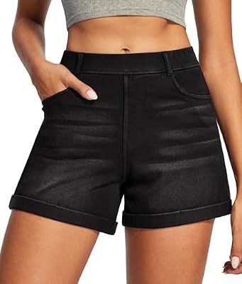 IUGA Stretchy Baggy Jean Shorts Womens Pull On Denim Shorts Women High Waisted Tummy Control Jorts Summer Casual with Pocket(Whiskers Black, XL)