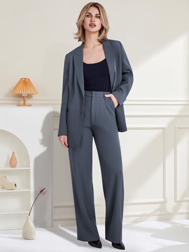 Women's 2 Piece Suit Two Button Business Casual Office Work Outfits Dressy Blazer Wide Leg Pants Set4