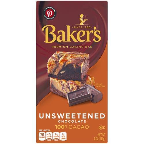 Baker's Baking Chocolate Bar 100% Cacao Unsweetened, 4 Oz (Pack of 12)