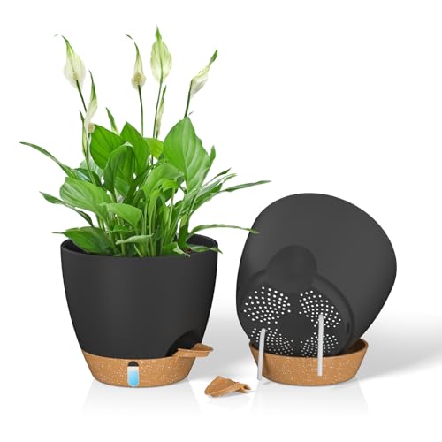 ZMTECH 20cm Blumentopf mit Untersetzer Rund Pflanztopf Kunststoff Pflanzentopf mit Selbstbewässerung (Schwarz, 2er-Set)