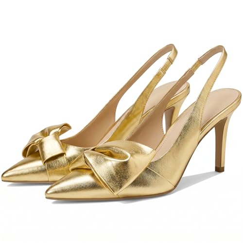 Image of Women's Slingback Heels with Bow Leather Pointed Toe Pumps with Elasticated Strap 3.3 inch High Heels Evening Comfy Dress Shoes