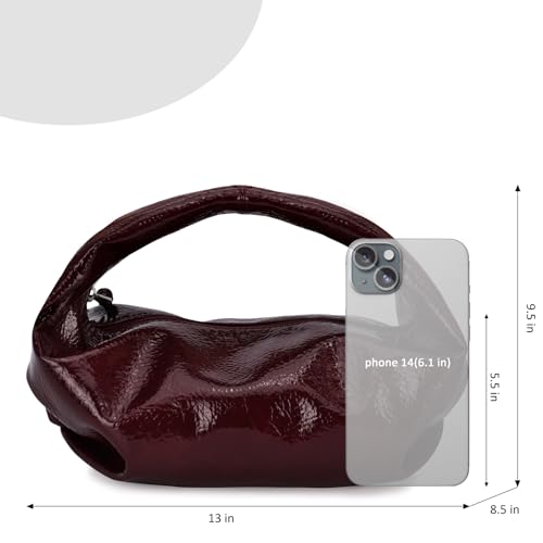 Image of Cloud Pouch Bag Women Shoulder Handbag Soft Zip Handbag Pleated Glossy Leather Hobo Mini Small Purses Ruched Cloud Bags (Burgundy)