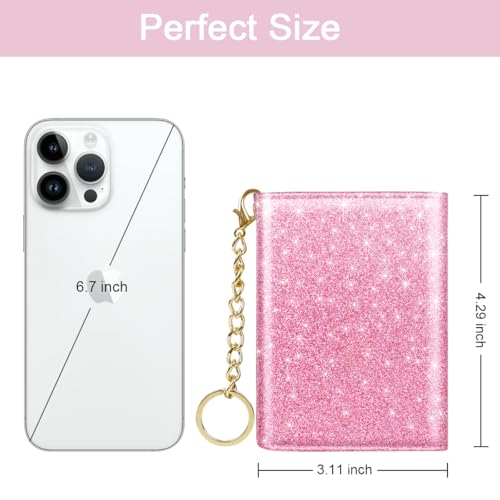 Image of Trifold Small RFID Blocking Wallet Pocket Cute Short Slim Sparkling Credit Card Holder Leather Keychain Ladies Mini Purse with ID Window, Glitter Peach