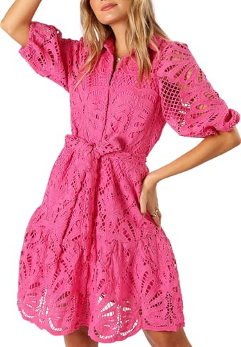 Image of Women's Summer Hollow Out Lace Mini Dress Lantern Sleeve Lapel Button Ruffle Casual Beach Party Dresses