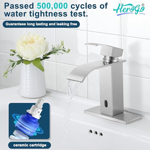 Image of Herogo Touchless Bathroom Sink Faucet, Automatic Sensor Brushed Nickel Waterfall Stainless Steel Bathroom Faucet with Brass Pop Up Drain for Vanity RV Lavatory Farmhouse