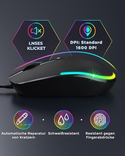 seenda Maus mit Kabel, PC Computermaus mit Kabel, 1600 DPI USB Maus Kabelgebunden für Laptop/PC/Computer/Mac, Schwarz