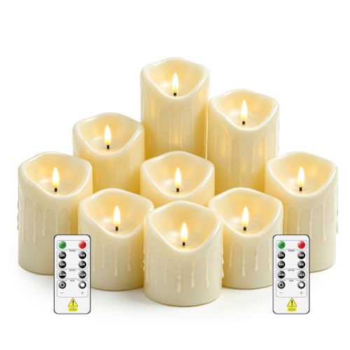 Image of 9 Pcs Flickering Flameless LED Pillar Candles, (D 3 inch x H 3 inch 4 inch 5 inch 6 inch 7 inch) Battery Operated with Remote Plastic Wax Drip Fake Candles for Home Wedding Holiday Decor,Ivory