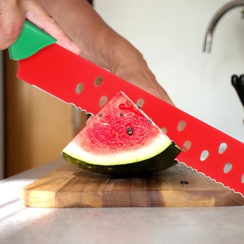 DECHOUS Watermelon Knife with Sleeve: Long Serrated Watermelon Knife for Melon Cutting - Kitchen Fruit Melon Cutter Slicer for Home Summer Party Fruit Serving (Red Green)