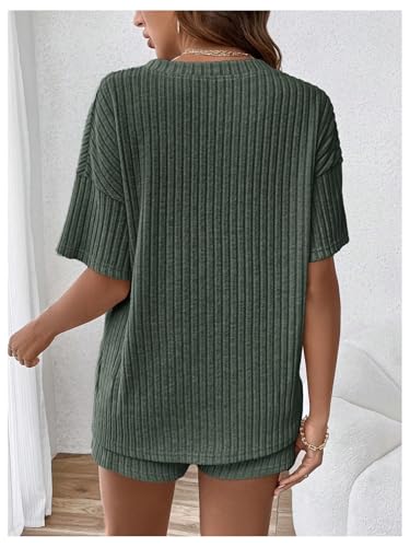 Image of MakeMeChic Women's Maternity 2 Piece Outfits Summer Short Sleeve Rib Knit Tee Top and Short Lounge Sets Clothes