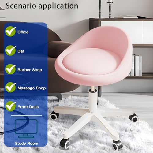 Image of Swivel Rolling Stool with Wheels, Height Adjustable PU Leather Drafting Chair, Round Seat for Salon, Spa, Tattoo, Office, Home Use Pink Set of 1