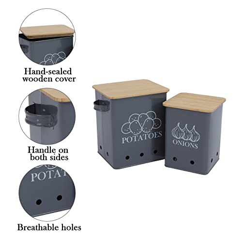 Image of Potato Onion Storage Bin, Kitchen Storage Canister Set of 2, Kitchen Pantry Organizer Tin - Vegetable Fresh Keeper with Aerating Tin Storage Holes & Wooden Lid (Gray)