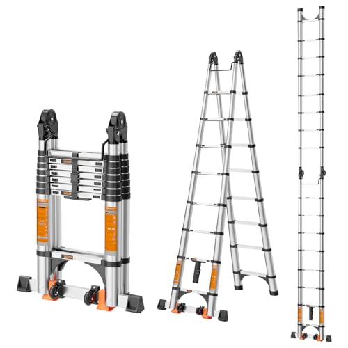 Telescoping Ladder A Frame Telescopic Ladder for Home Roof RV12.5 Ft Stainless Steel Extension Ladder with Balance Bar Wheels and 2 Triangle Stabilizers330 lb Capacity (12.5FT-A Frame)