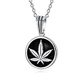 Unisex Retro Hemp Fimble Pot Cannabis Marijuana Leaf Medallion Round Pendant Necklace Western Jewelry For Men Women Oxidized .925 Sterling Silver With Chain