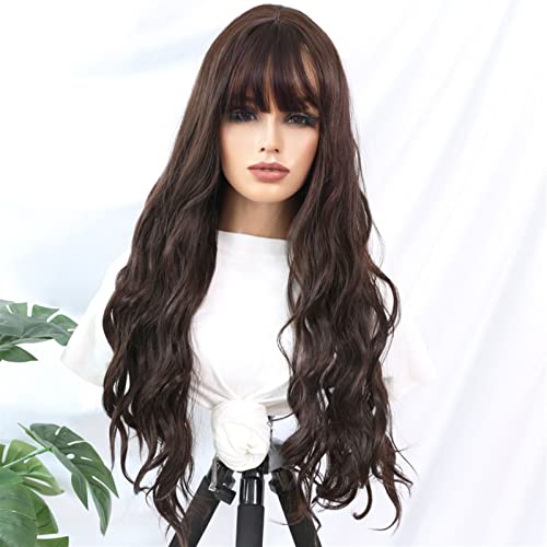 Perruque femme synthétique longue noir et brun ondulée avec frange 32 pouces - 4