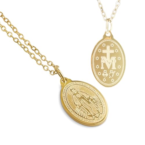 Miraculous Medal - Virgin Mary Necklace - Catholic Family Owned Brand - Made in USA - Stainless Steel Chain - Tarnish Free Gold Jewelry - Necklaces for Women