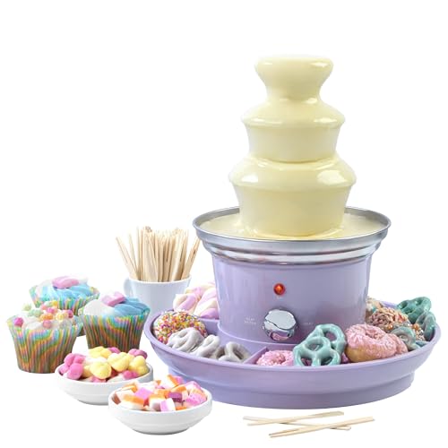 Giles & Posner EK3428GSPP Chocolate Fountain - 3 Tier Electric Cascading Fondue Set with Hot Melting Pot Base, Party Dip & Share Machine, Set Includes 2 Food Trays & 100 Bamboo Skewers, 70-90W, Purple