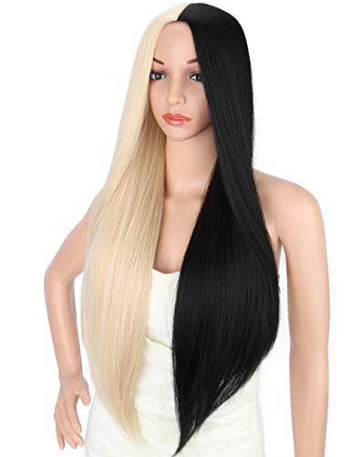 Sotica 28" Cosplay Wigs for Women Half Blonde and Half Black Color Middle Parted Long Silky Smooth Straight High Temperature Synthetic Full Hair Wigs - Thumbnail 4