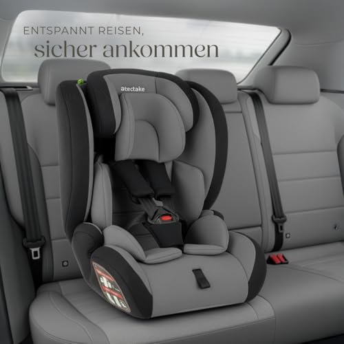 tectake® Autositz mit 5-Punkt-Gurt, i-Size Zulassung, mit Seitenaufprallschutz, Kindersitz Sitzerhöhung für Kinder von 76-150 cm, bis 36 kg, Kindersitzerhöhung, ohne Isofix - dunkelgrau/schwarz