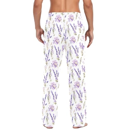 Men's Lavender Flowers Pajama Pants with Pockets - Straight Fit Cotton Sleep Bottoms for Lounge & Nightwear#3103