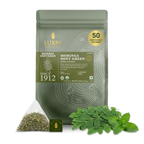 Image of Luxmi Estates Moringa Mint Herbal Tea, 50 Biodegradable Pyramid Tea Bags (100g, 3.5oz) | USDA Organic Moringa Oleifera Leaf with Spearmint | Caffeine-Free Superfood Infusion, Vegan & Non-GMO Bulk Pack