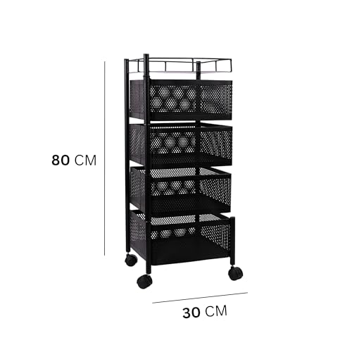 Image of KITCHIVO Kitchen Storage Rack | Revolving Vegetable Rack | Square Multipurpose Storage Trolley with Wheels | Metal Fruit Rack (Black, 4 Layer)