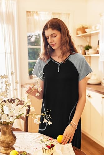 Image of Ekouaer Long Nightgown Women's Loungewear Short Sleeve Sleepwear Full Length Sleep Shirt with Pockets