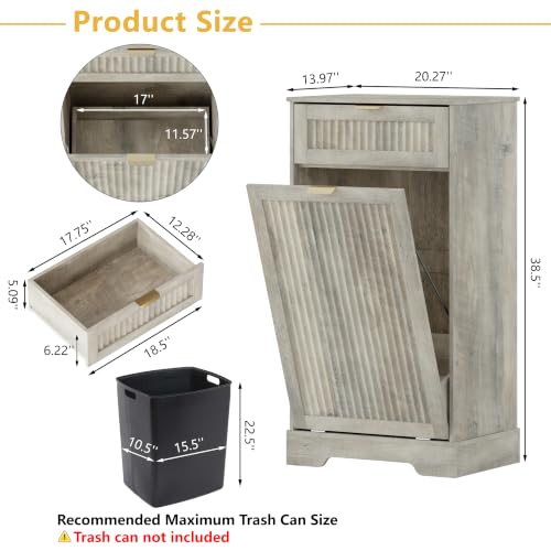 Image of Single 13 Gallon Tilt Out Trash Can Cabinet,Garbage Cabinet with Drawer | Hidden Garbage Storage with Fluted Design, Drawer & Hooks for Kitchen, Dining Room and Small Space Organization,Wood Grey