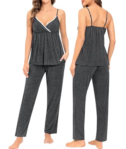 Image of SWOMOG Maternity Nursing Robe Set 3 Piece Breastfeeding Pajamas 3 in 1 Labor Delivery Sleevless Tops&Long Pants Pregnancy Pjs