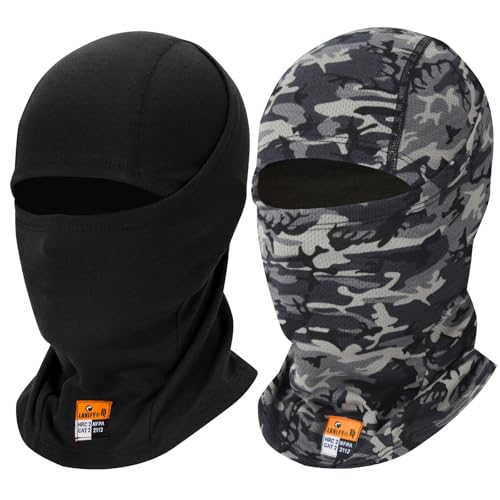 LANLFY 2PCS FR Face Mask Summer Balaclava Fire Resistant for Emergency Prep Wildfire Safety Moisture Wicking Mesh Fabric Quick Dry Multi Functional Survival Head Cover Camo/Black