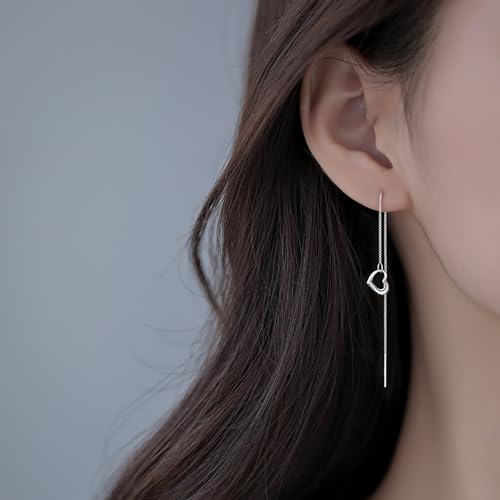 Reffeer Solid 925 Sterling Silver Love Heart Chain Dangle Earrings Drops for Women Teens Heart Tassel Dangle Earrings Threader2