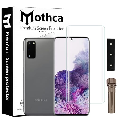 Image of Mothca Curved UV Tempered Glass Screen Protector for Samsung Galaxy S20 | Transparent | Pack of 1 | Full Screen Coverage with UV Installation Kit