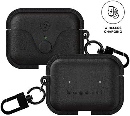Bugatti Airpods Pro Case, Wireless Rechargeable Leather Case for Airpod Pro with Carabiner Hook, Black