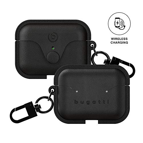 Bugatti Airpods Pro Case, Wireless Rechargeable Leather Case for Airpod Pro with Carabiner Hook, Black