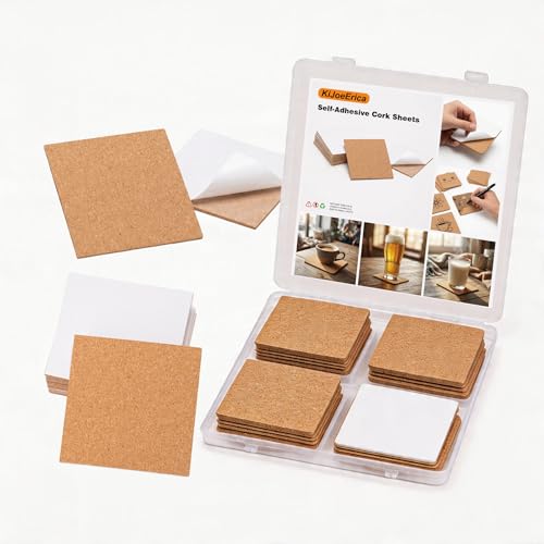 50 Pcs Self-Adhesive Cork Sheets Square 4 x 4 Cork Tiles Backing Sheets for DIY Coasters and Crafts Decoration 1mm Thick
