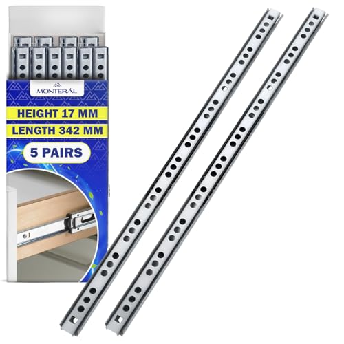1 Par Guias Correderas para Cajones con Rodamiento de Bolas 342 mm x H 17 mm - Rieles para Cajones Telescópicas Tienen una Extensión Parcial de 237 mm - Garantía de 10 Años - MONTERAL