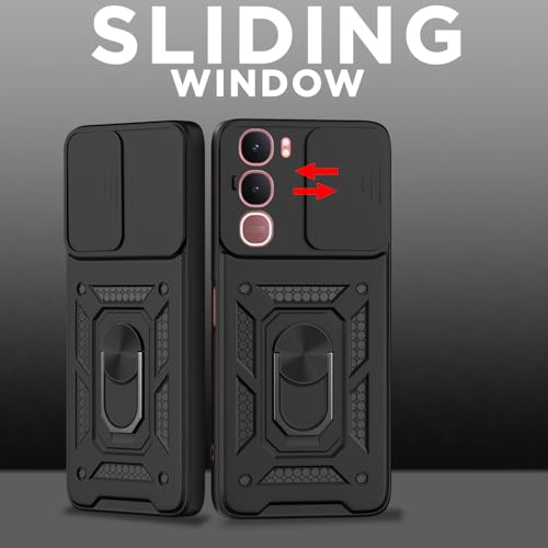 Image of Pikkme Back Cover for Vivo Y31 5G | 360 Protection Case | Sliding Camera Shield Cover & Ring Holder Stand D10 Tough Armor Bumper Case (Black)